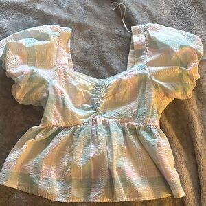 Old Navy Pastel Plaid Puff-Sleeve Peplum Top - Mint, Pink, Cream